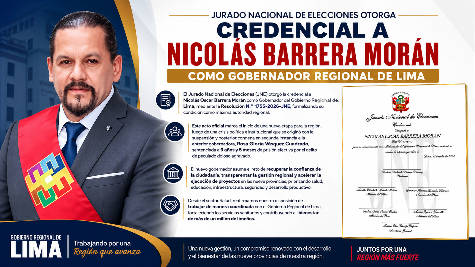 NICOLÁS BARRERA MORÁN RECIBE CREDENCIAL DEL JNE Y ASUME LA GOBERNACIÓN REGIONAL DE LIMA EN MEDIO DE UNA PROFUNDA CRISIS INSTITUCIONAL