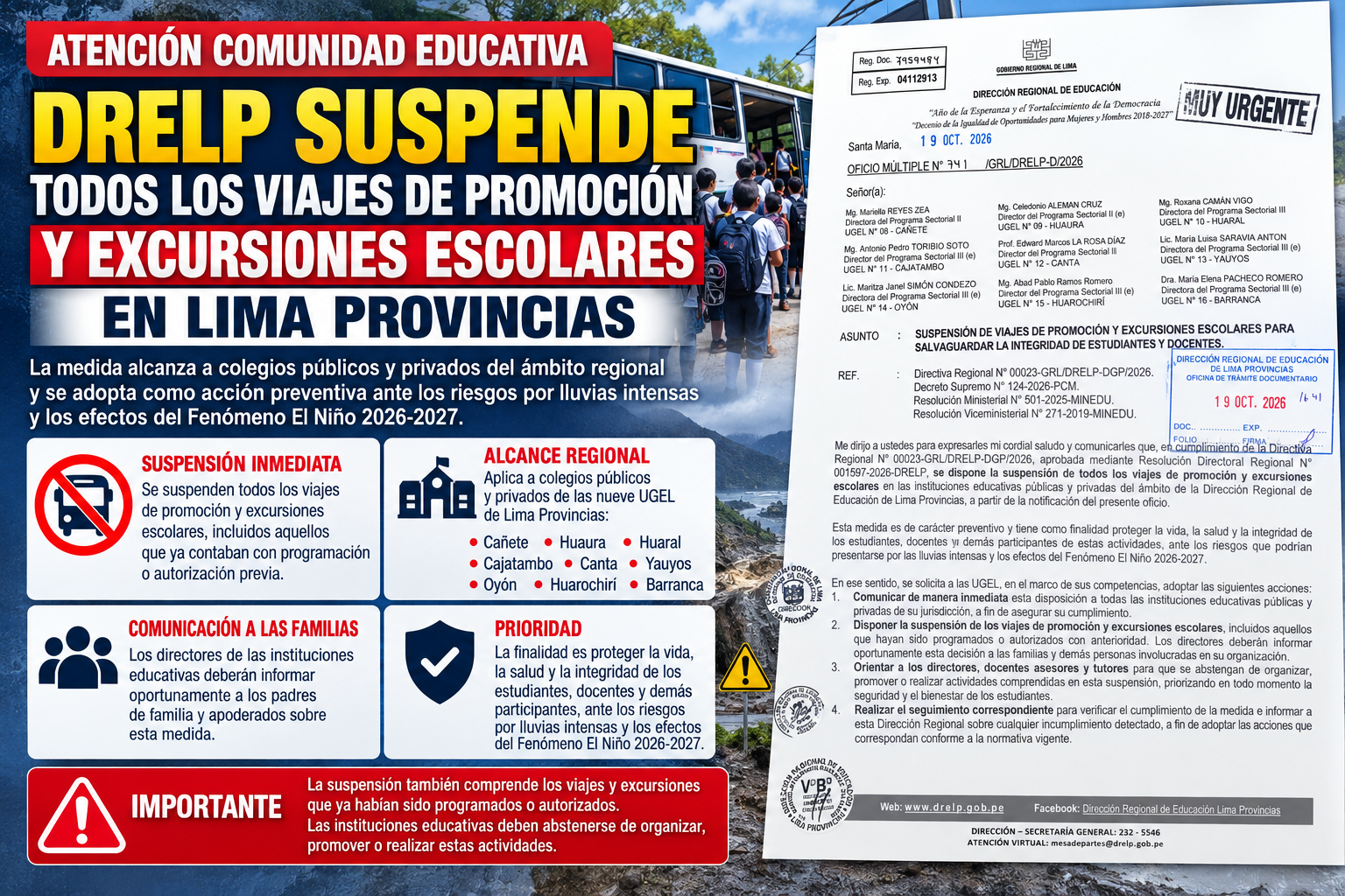 DRELP SUSPENDE TODOS LOS VIAJES DE PROMOCIÓN Y EXCURSIONES ESCOLARES EN LIMA PROVINCIAS POR RIESGO ANTE EL FENÓMENO EL NIÑO
