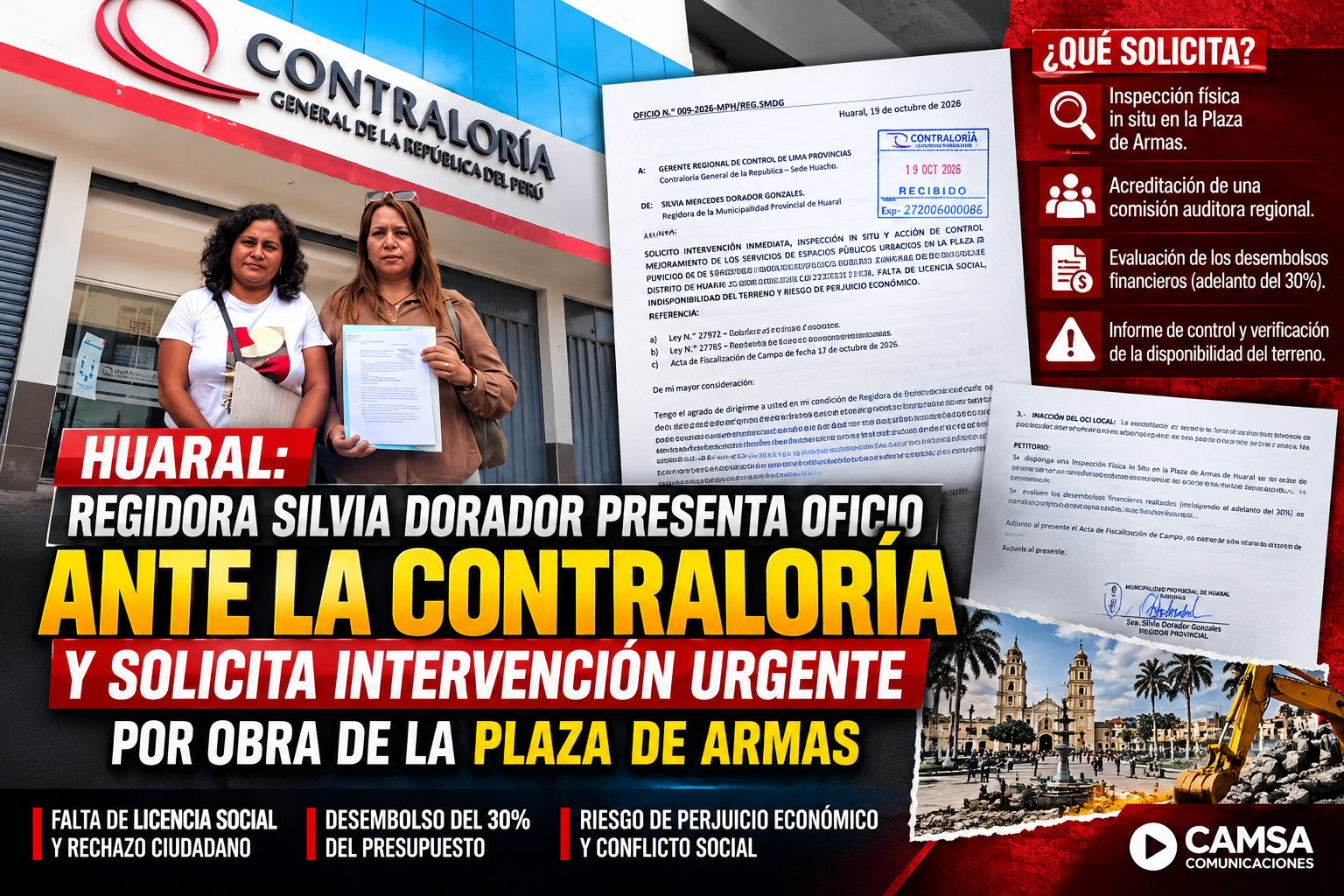HUARAL: REGIDORA SILVIA DORADOR PRESENTA OFICIO ANTE LA CONTRALORÍA Y SOLICITA INTERVENCIÓN URGENTE POR OBRA DE LA PLAZA DE ARMAS