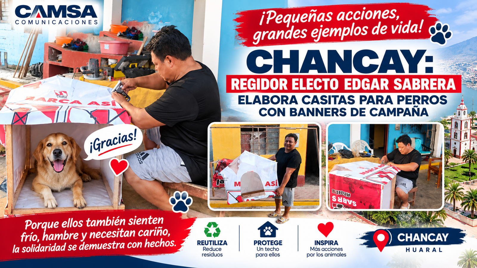 CHANCAY: REGIDOR ELECTO EDGAR SABRERA PROMUEVE LA ELABORACIÓN DE CASITAS PARA PERROS CON BANNERS DE CAMPAÑA