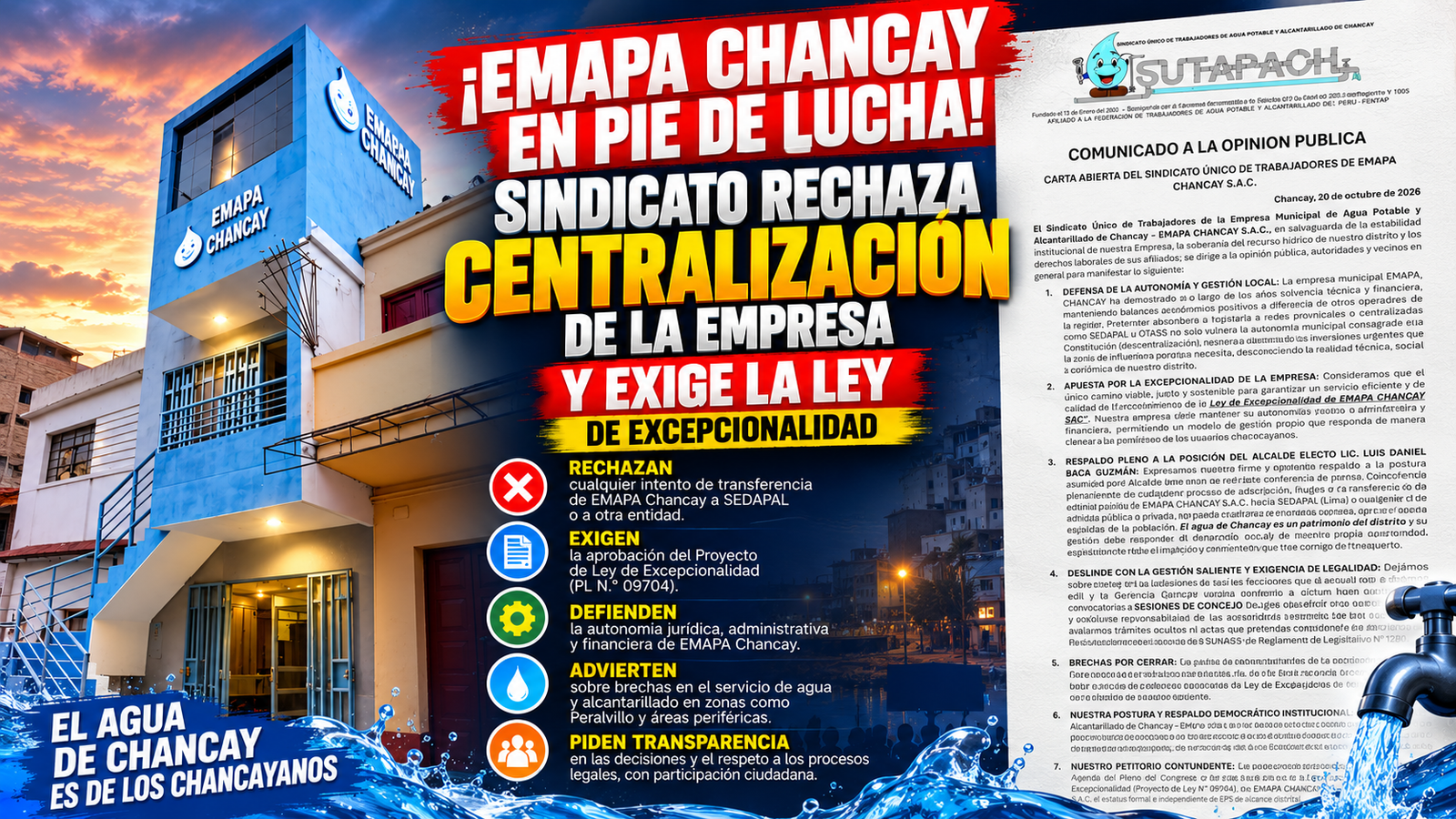 EMAPA CHANCAY BAJO LA LUPA: SINDICATO EXIGE PRESERVAR LA EMPRESA, PERO ¿QUIÉN RESPONDE POR LAS BRECHAS DEL SERVICIO Y LOS DERECHOS LABORALES?